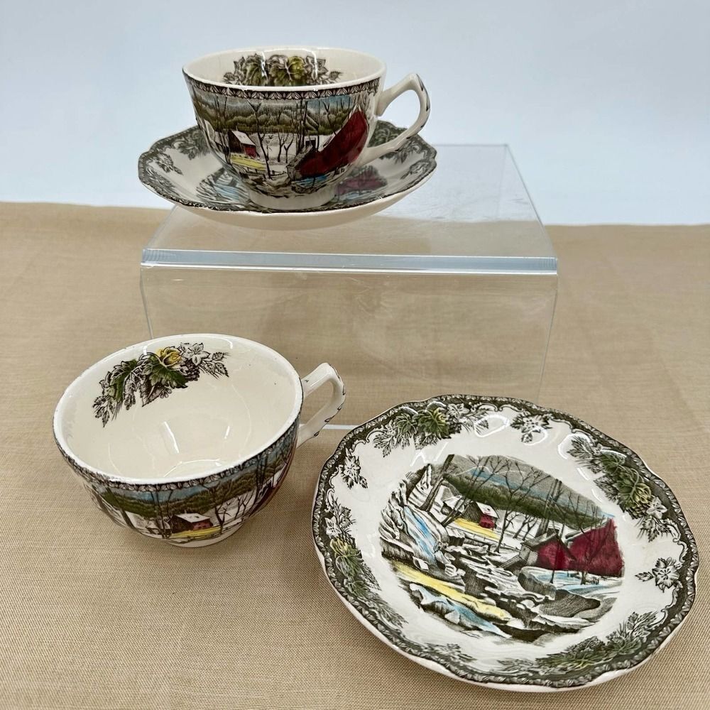 2 Johnson Bros Friendly Village The Icehouse Teacup & Saucers England Vintage